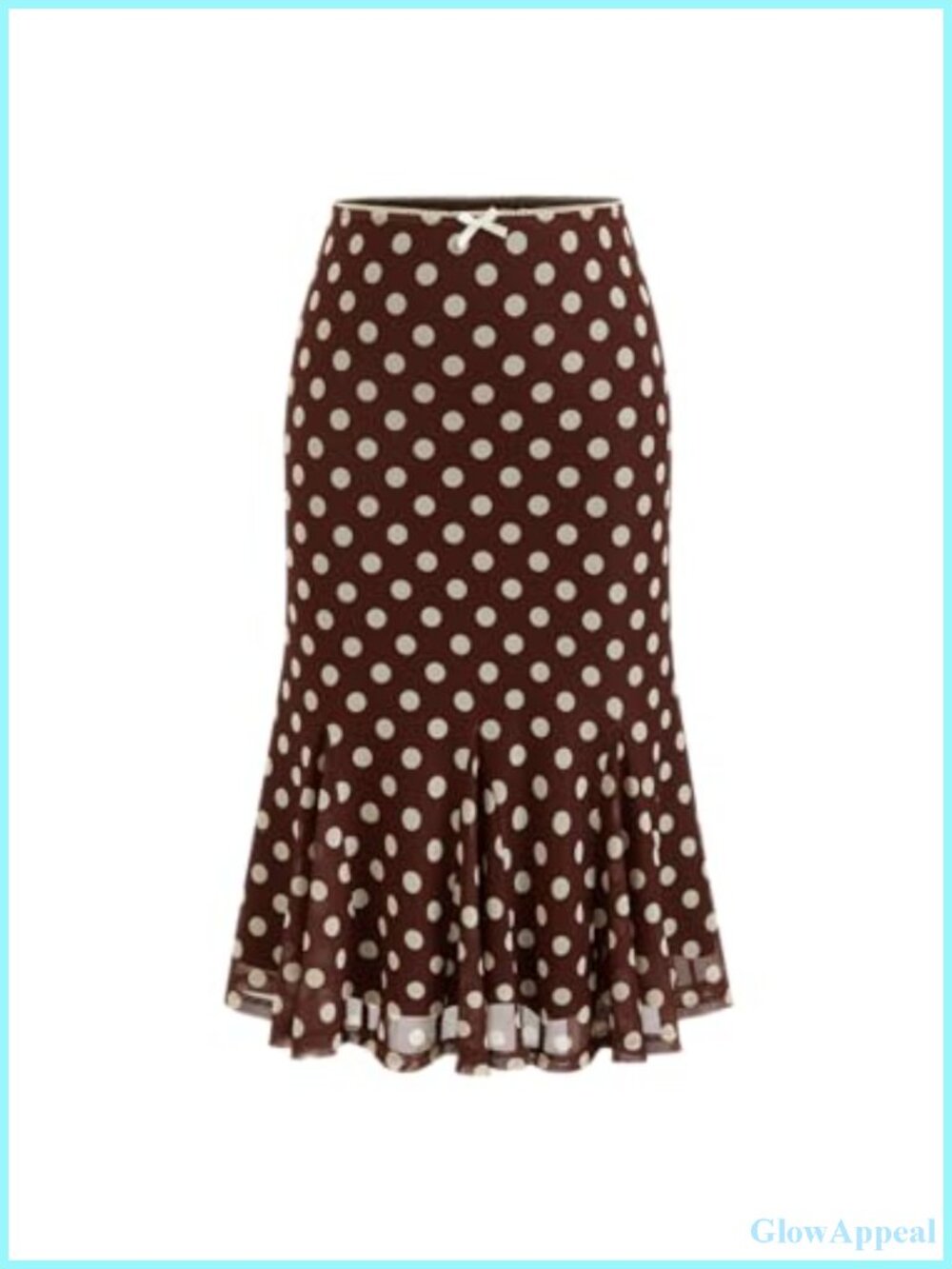 Polka Dot Midi Skirt with Bowknot Sheer Mesh Ruffled Hem A-Line